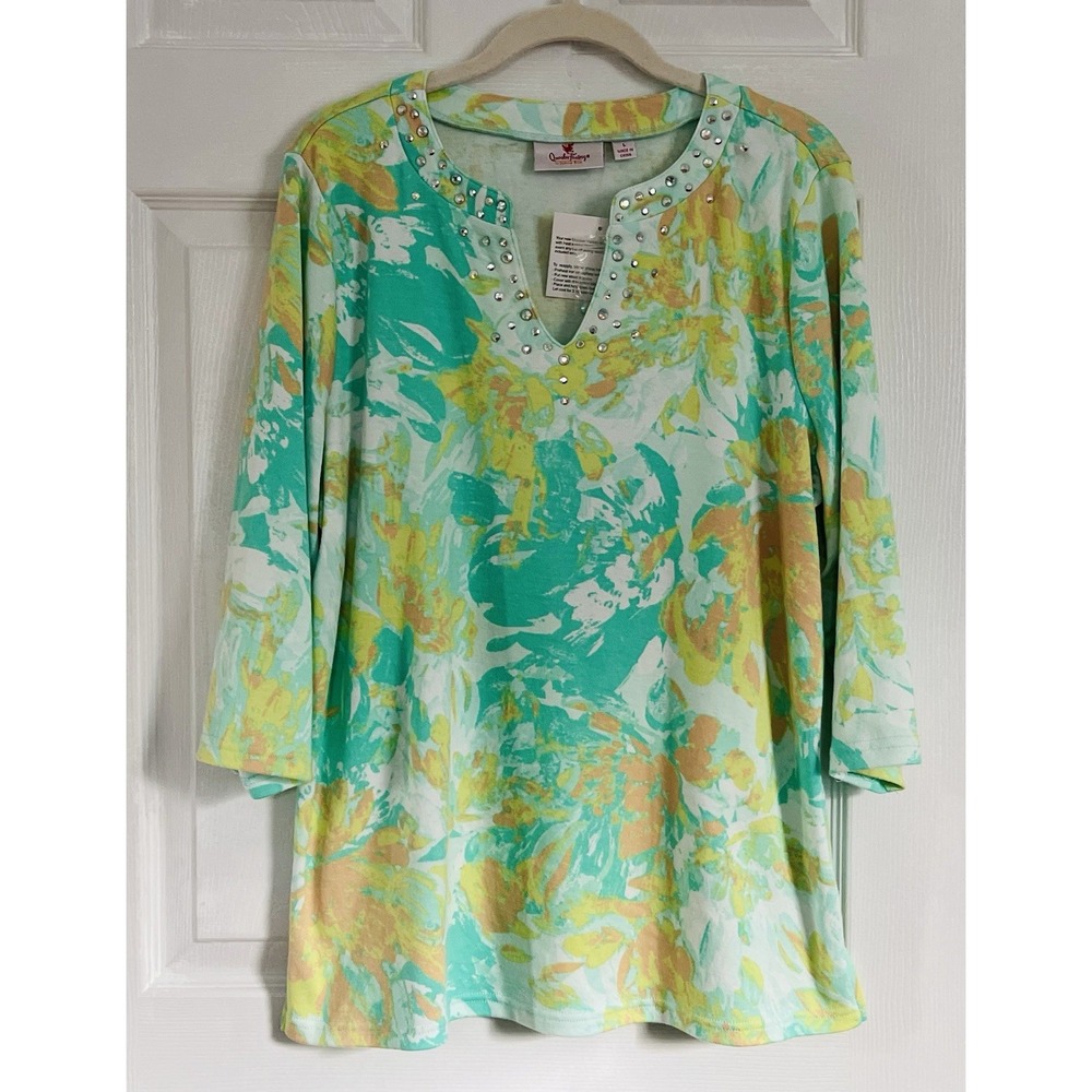 Quacker Factory V-Neck Multicolor 3/4 Sleeve Floral Print Top Rhinestones Size L
